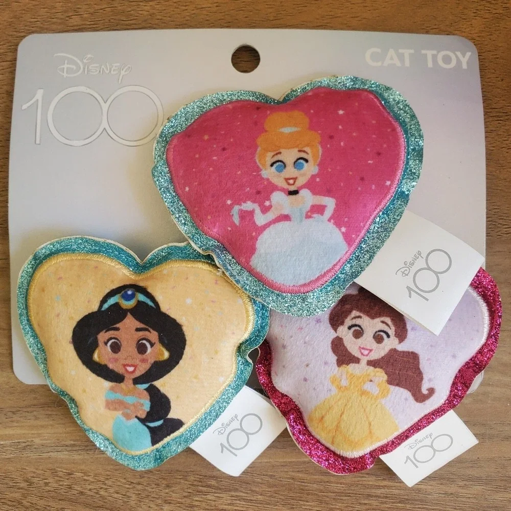 Disney 100 Princess Heart Catnip Cat Toy 3 Pack Jasmine Cinderella Belle Glitter